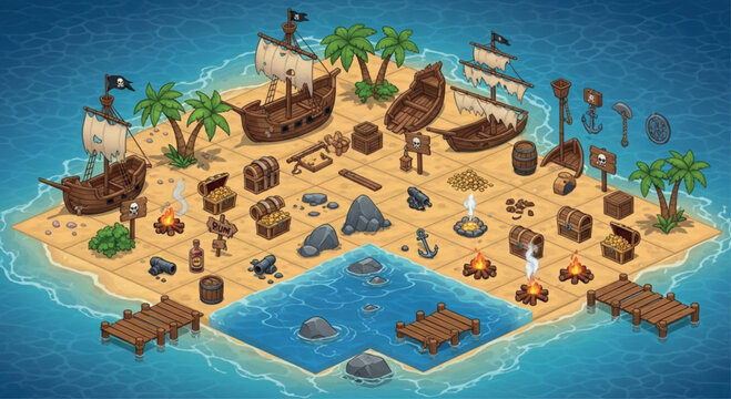 Pirate island game assets vector set, isometric tropical treasure map elements, cartoon wooden ships and beach props for mobile gaming interface