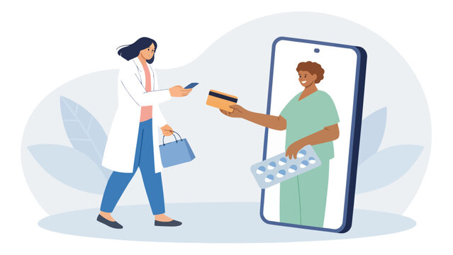 Online prescription and payment doctor handing credit card to patient via smartphone online pharmacy e pharmacy online shopping medical consultation e-pharmacy prescription smartphone