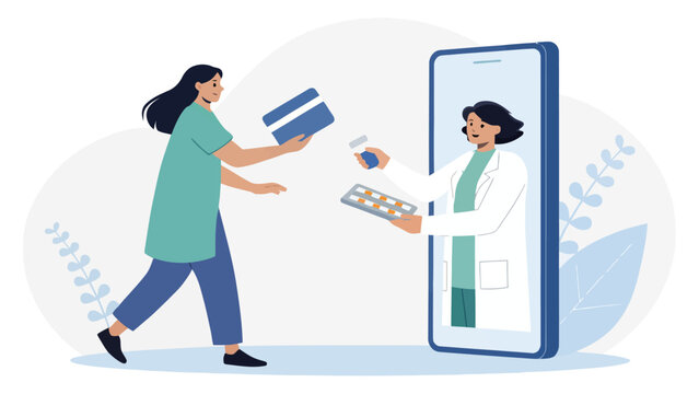 Woman receiving pills and prescription from doctor via smartphone screen for online purchase with online pharmacy e pharmacy online shopping medical consultation e-pharmacy medication smartphone