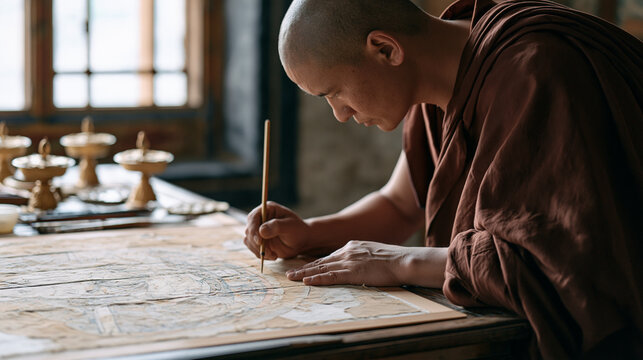 Over the shoulder view of a Tibetan monk restoring a thangka painting in a monastery designated as a UNESCO heritage site, his fine brush working across faded silk, conservation materials and sacred