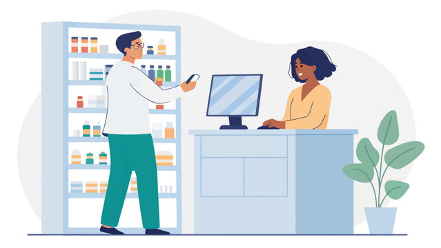 Customer at pharmacy counter paying with smartphone to pharmacist at checkout mobile payment pharmacy pharmacist customer smartphone checkout drugstore medicine prescription healthcare