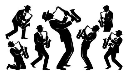 Vintage jazz saxophone player silhouettes in expressive stage performance vector illustration © Sabbir