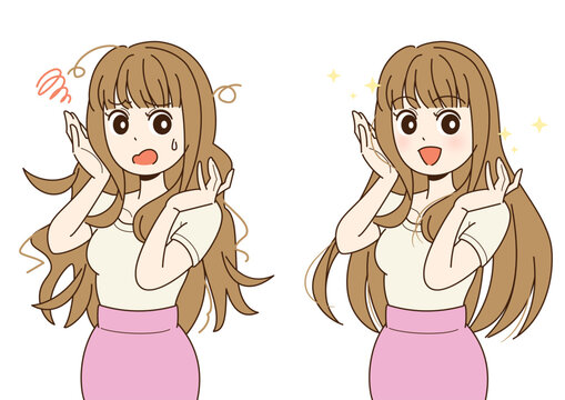 髪型ボサボサ&rarr;サラサラの女性