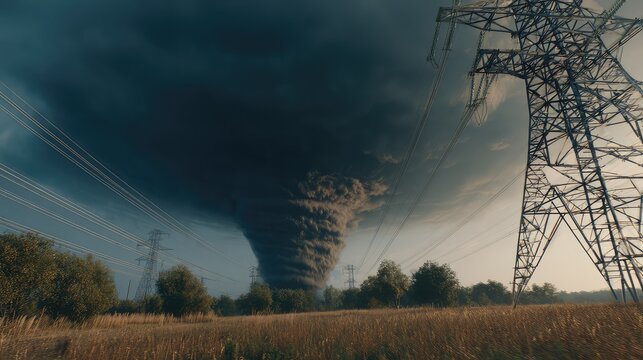 Destructive tornado funnel cloud forming under a dark storm sky, threatening power transmission lines and an electrical tower in a dry, open field landscape