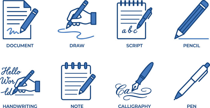 Writing and drawing related icons showcasing pen pencil document script handwritten note calligraphy and signature isolated.