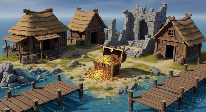 Medieval pirate island village vector, fantasy coastal settlement with wooden huts and stone ruins, treasure chest full of gold on a tropical beach