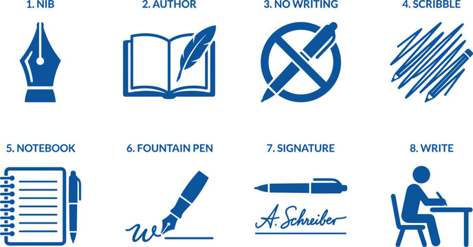 Writing related icons numbered from one to eight depicting nib author no writing scribble notebook fountain pen signature write.