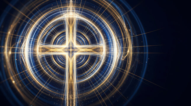 Glowing Abstract Cross with Divine Celestial Light Rings
