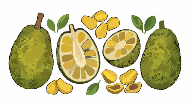Hand drawn jackfruit vector set with whole fruits and tropical pulp slices isolated on white background