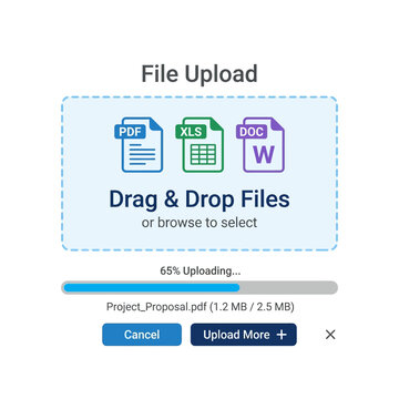 User interface element for file uploading, showcasing drag and drop functionality with a progress bar and supported file types
