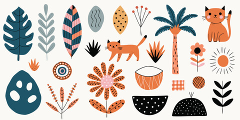 Boho jungle collection with cats and botanical elements set © Sadhin07