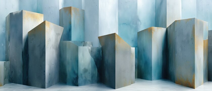 Building structure features faceted wall with vertical trapezoid planes and cool cement-gray tones highlighted by directional lighting in a modern architectural design