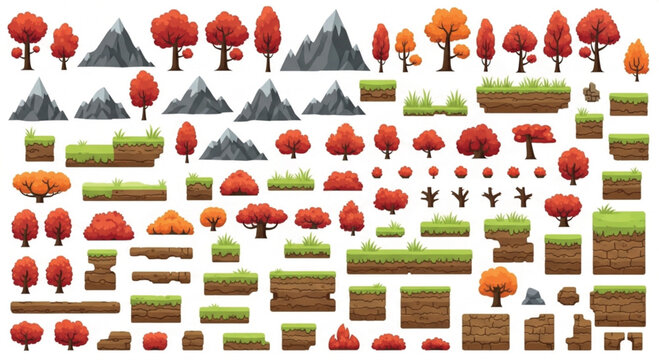 Autumn forest game assets, pixel art style nature elements for 2D platformer, red trees and mountain landscape kit, vector environment sprites