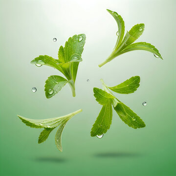 Fresh stevia leaves floating with water droplets