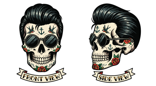 Vintage skull illustrations with tattoos and sunglasses in front and side views