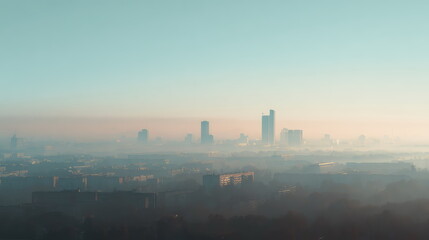 Fototapeta premium Urban buildings and residential structures rise above a thick blanket of morning fog, with sunlight casting a warm glow across the hazy atmosphere and urban landscape