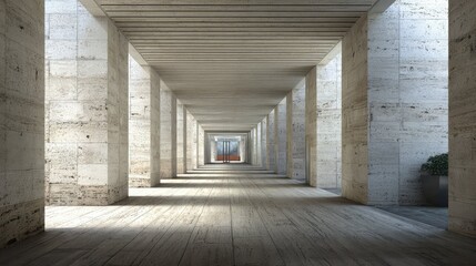 Naklejka premium Modern architectural colonnade featuring a monumental hallway of travertine stone, with light creating shadow patterns on the floor and a sense of depth