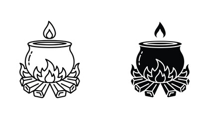 Cauldron over campfire icon set in line art and solid black silhouette for magic potion and cooking themed design elements © Maya