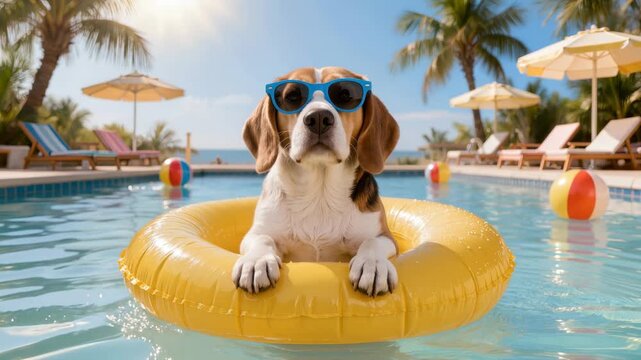 Beagle dog wearing blue sunglasses floats on yellow inflatable ring in tropical resort pool on bright summer vacation holiday scene