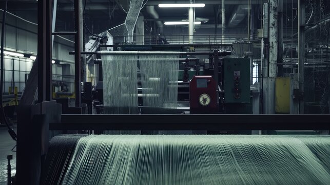Industrial loom machine actively weaving threads into continuous textile fabric inside a manufacturing factory, demonstrating automated production and the creation of materials