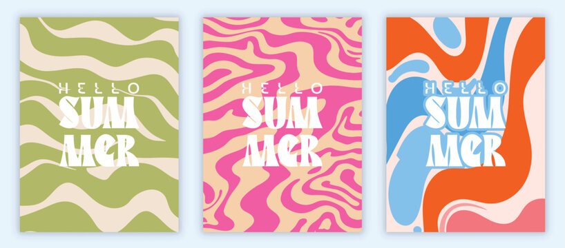 Bright Juicy Summer Abstract Cards Set with Fluid Wavy Shapes and Colorful Liquid Elements for Sale Banner, Social Media, Branding and Promotion