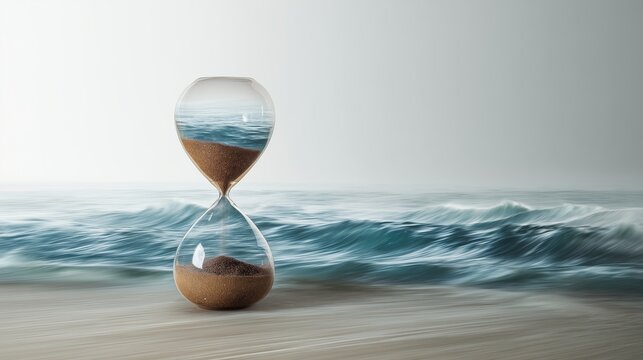 giant hourglass filled with flowing ocean waves instead of sand time and nature concept long exposure water motion surreal minimal scene