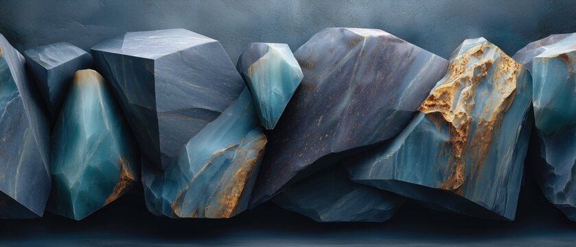 Faceted wall made of large irregular polygon planes with unique angles catching light in slate-gray and teal highlights under strong directional lighting