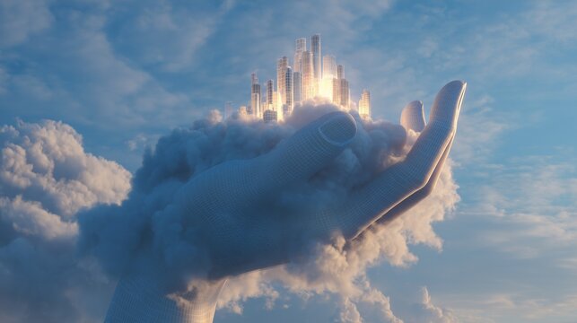 human hand made of clouds holding a small glowing city sky civilization concept soft volumetric light dreamy atmosphere high detail
