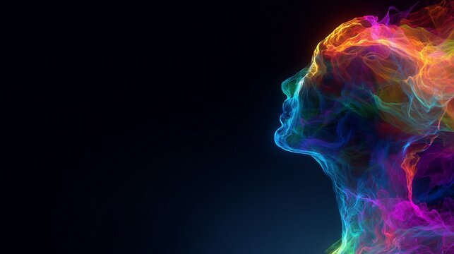 transparent human silhouette filled with colorful flowing data streams abstract ai consciousness concept dark background neon glow futuristic style