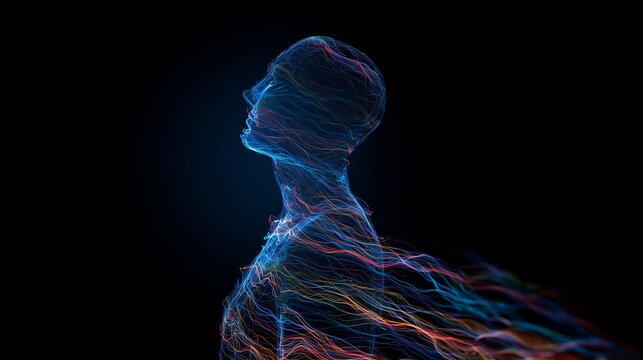 transparent human silhouette filled with colorful flowing data streams abstract ai consciousness concept dark background neon glow futuristic style