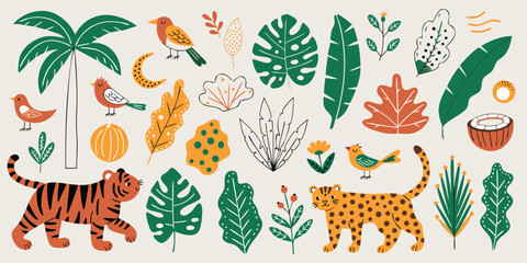 Exotic jungle adventure with wild cats birds and palm trees © Sadhin07