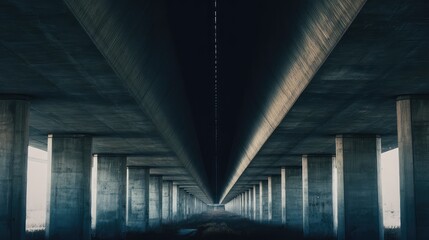 Fototapeta premium Massive concrete highway bridge underpass creating a deep vanishing point and geometric patterns, symbolizing connection, infrastructure, and modern urban design