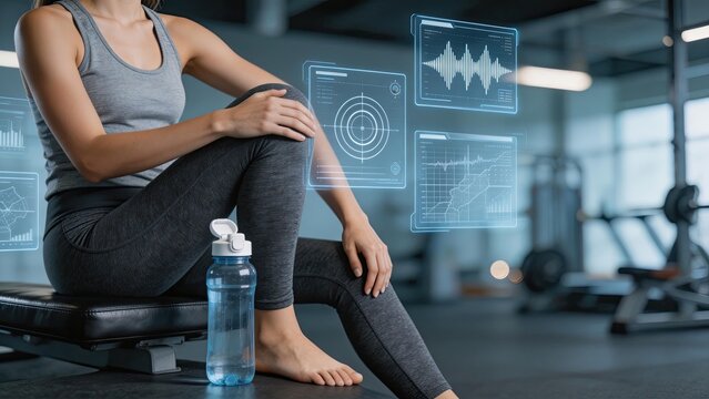 Athletic woman resting on bench in gym with futuristic holographic data interface fitness tracking biometric analysis workout statistics health monitoring sport technology digital