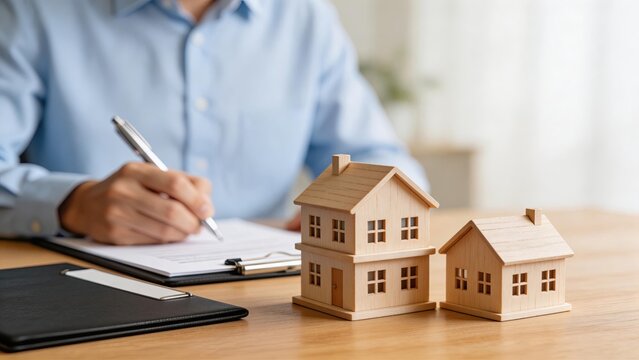 Real estate agent signing property contract with wooden house models on deskhome buying conceptinvestment opportunitymortgage agreementfinancial planninginterior design