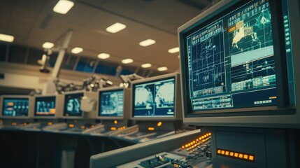 Fototapeta premium Control room with multiple computer screens displaying complex data, maps, and information in a retro tech environment, emphasizing observation and management of critical operations