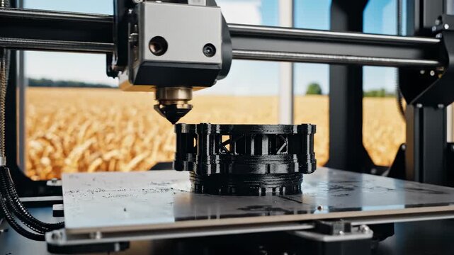 3d printer creating a complex black plastic gear or mechanical part, with a blurred field of wheat in the background