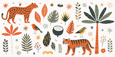 Jungle safari collection with leopard tiger and tropical forest elements for kids © Sadhin07