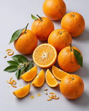 Fresh ripe oranges with green leaves and zest on a light background.