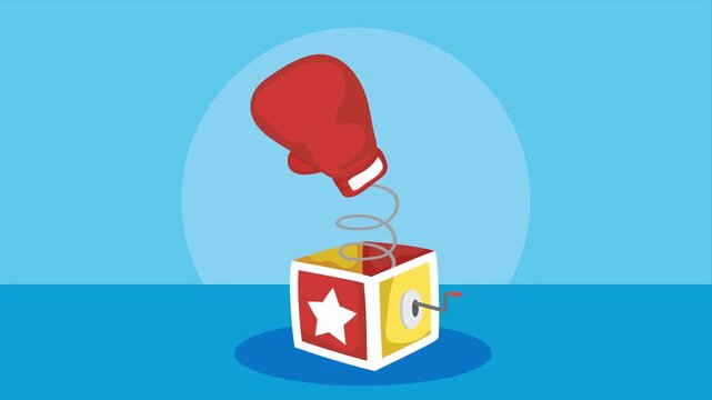 Boxing glove jack in the box toy animation popping out of colorful square container on blue background.