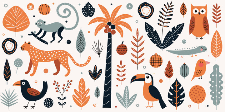 African safari animal and plant set featuring monkeys toucans tigers and exotic palm trees