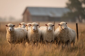 Fototapeta premium flock of sheep in dry meadow with distant house and calm natural atmosphere, livestock farming, countryside scene, agriculture concept