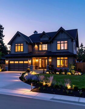 Illuminated modern home with manicured lawn at dusk