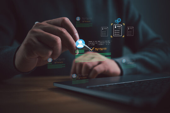 AI recruitment screening concept with digital candidate profile analysis and automated verification interface, human resources technology, talent management, hiring process, and workforce analytics.