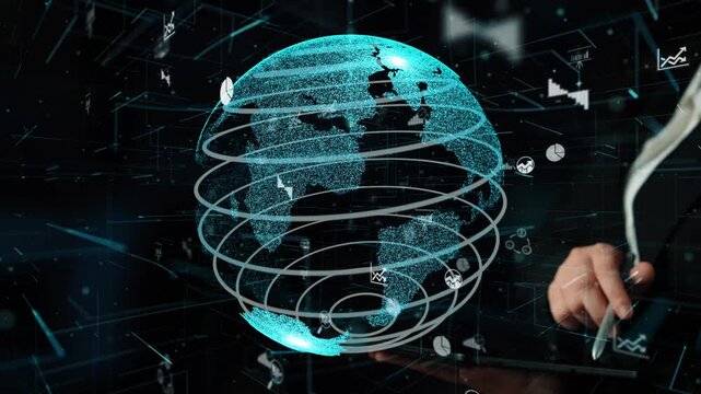 This image highlights a digital globe surrounded by graphs and data visuals, illustrating the interplay between technology, analytics, and global connectivity. Xenic