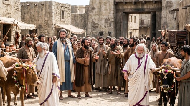 Apostle Paul and Barnabas in Lystra attempting to stop the citizens from offering a sacrifice to them as gods. Biblical scene depicting a public crowd witnessing theological debate.