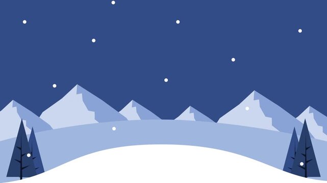 Animated winter landscape with snowfall and mountains under starry night sky motion graphics.