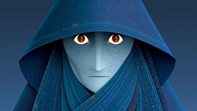 Mysterious character with blue skin and glowing eyes wearing a blue hooded cloak, depicted in a series of frames showing a gradual change in expression and detail