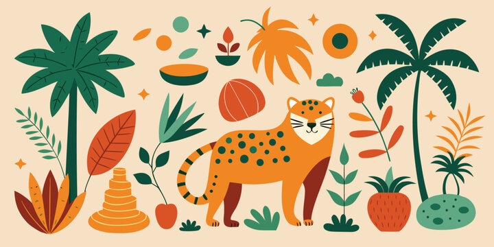 Vibrant jungle scene with tropical plants exotic animals and decorative elements