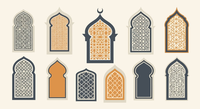 Collection of Islamic Arch Windows with Geometric Patterns and Arabic Calligraphy