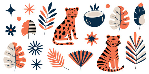 Cute wild cats and tropical botanical elements collection in flat graphic style © Sadhin07
